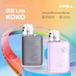 KIT Pod Caliburn G5 Lite Koko 3ml 1600mAh - Uwell u sivoj i ružičastoj boji s dva modula i logom Koko, aktivira se udisanjem.