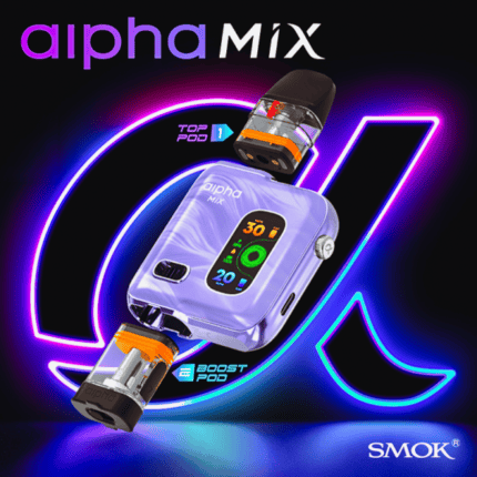 KIT Alpha Mix 4ml 1300mAh - Smoktech u ljubičastoj boji s dva pod-a i 1.47" TFT ekranom, uz USB-C kabel.