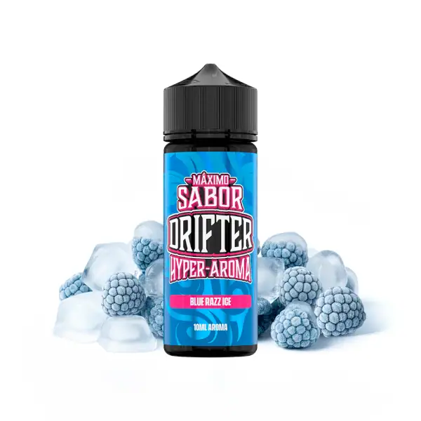 Longfill Blue Razz Ice Drifter aroma u plavoj i crnoj ambalaži s ledenim kockicama i frambuesom azul.