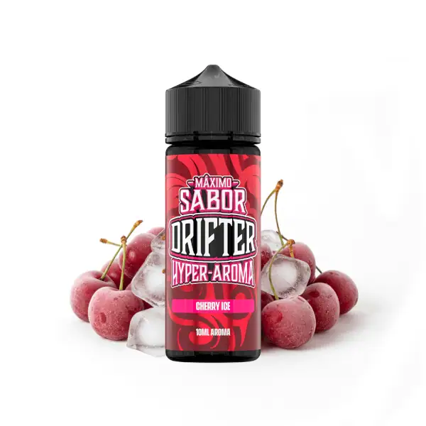 Longfill Cherry Ice Drifter Hyper aroma u crnoj i crvenoj ambalaži s trešnjama i ledom u pozadini.