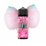 Longfill Cotton Candy Ice Drifter aroma u ružičastoj i crnoj boci s poklopcem, uz sliku šećerne vune u pozadini.