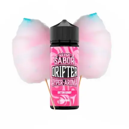 Longfill Cotton Candy Ice Drifter aroma u ružičastoj i crnoj boci s poklopcem, uz sliku šećerne vune u pozadini.