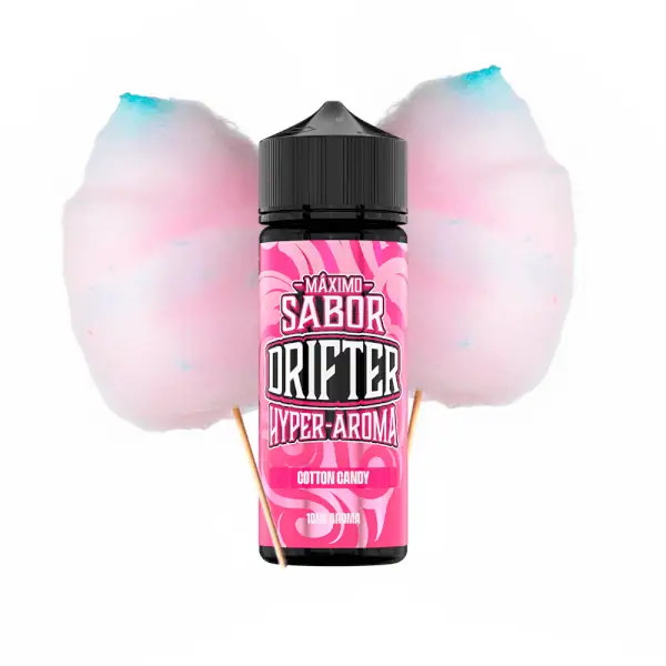 Longfill Cotton Candy Ice Drifter aroma u ružičastoj i crnoj boci s poklopcem, uz sliku šećerne vune u pozadini.