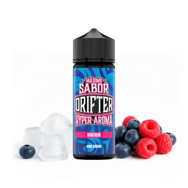 Longfill Mad Blue 10ml/120ml - Drifter Hyper s okusom šumskog voća, plava ambalaža s bobicama i ledom.