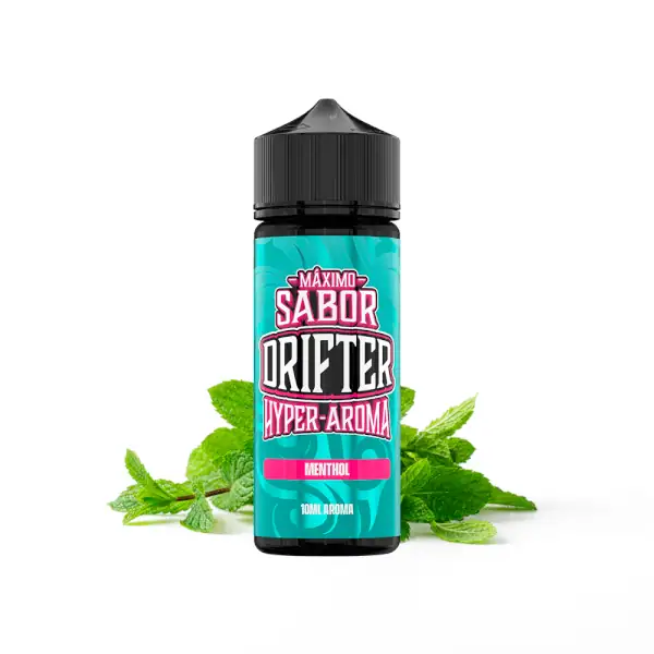 Longfill aroma Menthol Drifter Hyper u plavoj i crnoj ambalaži s listovima mente, idealna za osvježavajući vape užitak.