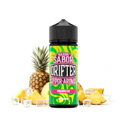 Pineapple Ice Drifter Hyper aroma u zelenoj boci s logotipom, okružena komadićima ananasa i ledom.