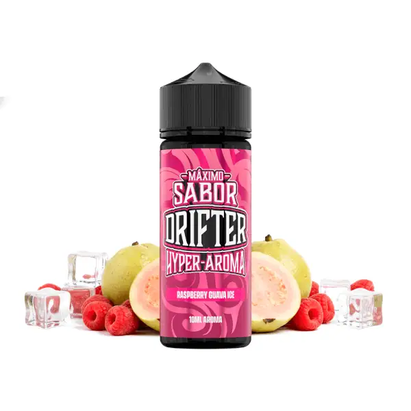 Raspberry Guava Ice Drifter aroma u ružičastoj i crnoj ambalaži s kockicama leda, frambuesom i guayabom.