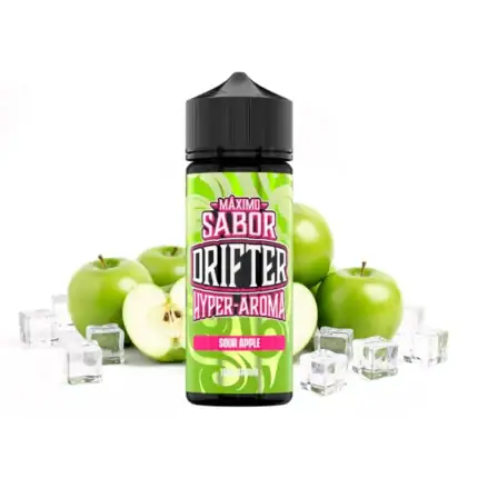 Sour Apple Ice Drifter aroma u zelenoj i crnoj ambalaži, s kockicama leda i zelenim jabukama, idealna za vaš vape.