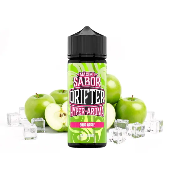Sour Apple Ice Drifter aroma u zelenoj i crnoj ambalaži, s kockicama leda i zelenim jabukama, idealna za vaš vape.