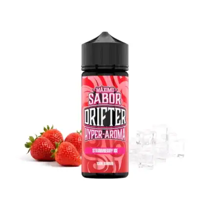 Longfill Strawberry Ice Drifter Hyper aroma s okusom jagode i leda u crvenoj i crnoj ambalaži s vidljivim jagodama i kockicama leda.