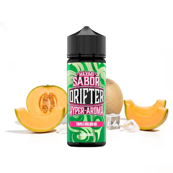Longfill Triple Melon Ice 10ml/120ml - Drifter Hyper sadrži bočicu s poklopcem i komade dinje uz led u pozadini.