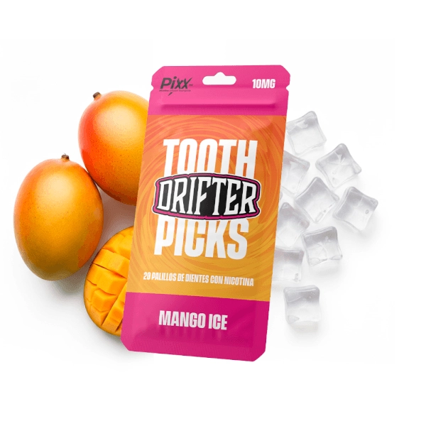 Čačkalice za zube mango ICE 10mg - Drifter u ružičastoj i narančastoj ambalaži s motivima manga i ledenih kockica.